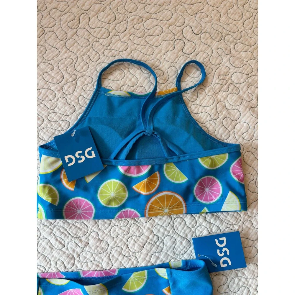 DSG Girls Blue Citrus Fruit Strappy Halter High Waisted Swimsuit Set Size Large